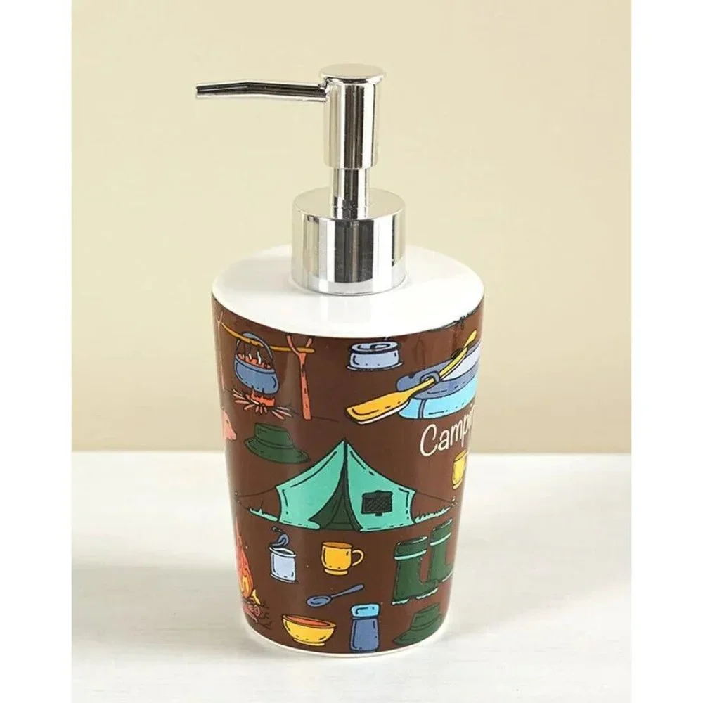 Campsite Soap Dispenser Tents Canoe Fishing Bears Camp Fire on Brown Retro Style